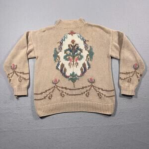 VTG Ann Taylor Sweater Women M Beige Floral Tapestry Knit Grannycore Cottagecore